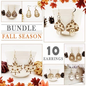 May include: A bundle of 10 wooden earrings with fall-themed designs. The earrings feature a variety of designs, including leaves, mushrooms, acorns, and pinecones. The earrings are all made of wood and have a natural finish. The text "Bundle Fall Season" and "10 Earrings" is visible in the image.