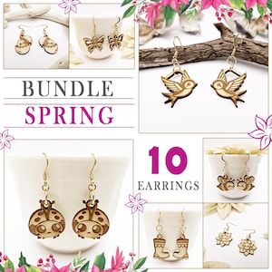 May include: A collection of ten wooden earrings with various spring-themed designs, including butterflies, birds, ladybugs, bees, boots, and flowers. The word "BUNDLE SPRING" is displayed above the earrings.