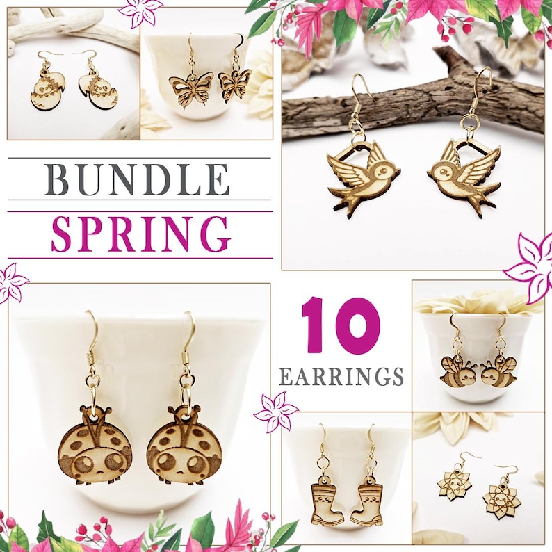 May include: A collection of ten wooden earrings with various spring-themed designs, including butterflies, birds, ladybugs, bees, boots, and flowers. The word "BUNDLE SPRING" is displayed above the earrings.
