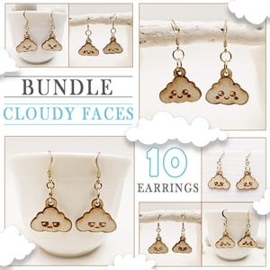 May include: A bundle of 10 earrings featuring wooden cloud designs with various facial expressions. The text "BUNDLE CLOUDY FACES" and "10 EARRINGS" are displayed in the image. The earrings have gold-colored hooks.