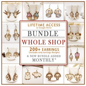 May include: A collection of wooden earrings with various designs, including birds, cupcakes, snowmen, bananas, hedgehogs, tacos, hamsters, headphones, and elephants. The image also includes text that reads "BUNDLE WHOLE SHOP 200+ EARRINGS & NEW BUNDLE ADDED MONTHLY".
