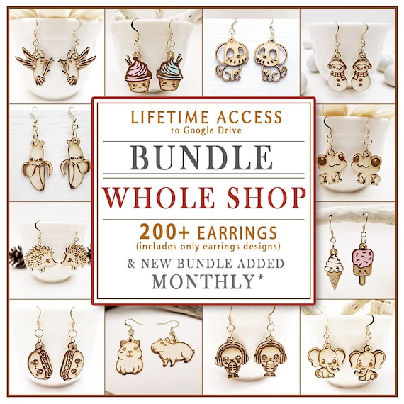 Whole Shop Bundle: Wood Earrings svg Laser Cut Files - Life Access - 200+ Original Homemade Designs - Mega Bundle - 1 Bundle Added Monthly