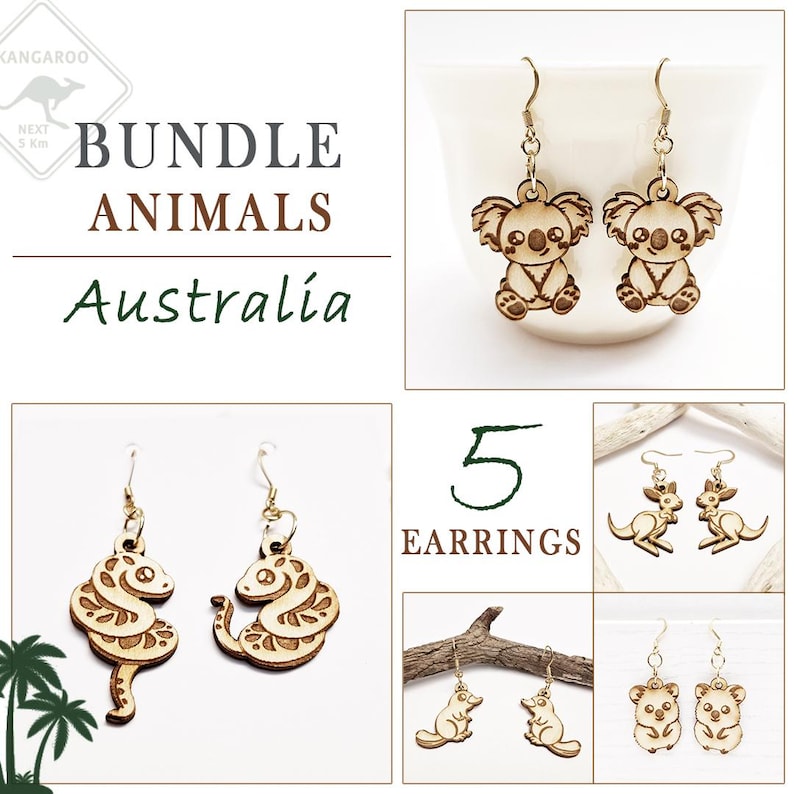 May include: A collection of five pairs of wooden earrings featuring Australian animals. Designs include koalas, kangaroos, snakes, and other creatures. The text "BUNDLE ANIMALS Australia" is also visible.