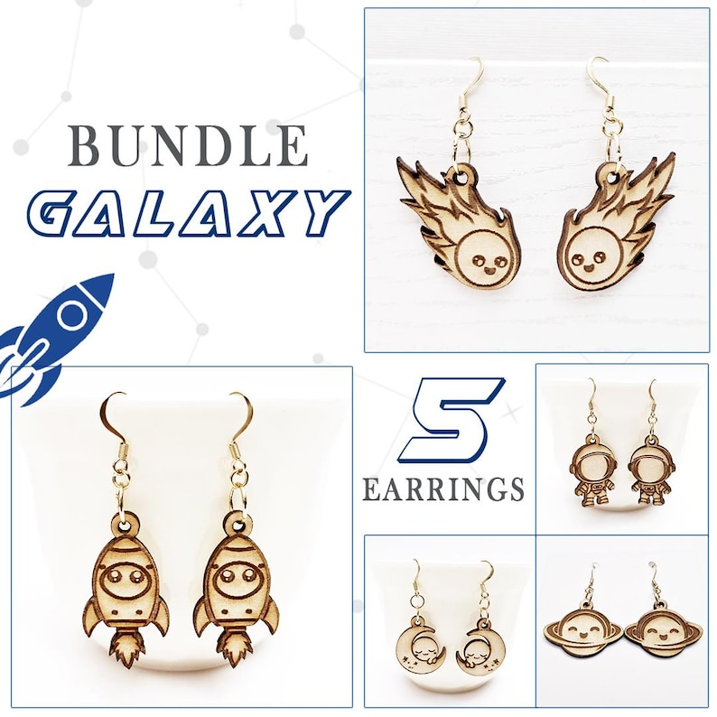 May include: A bundle of five pairs of wooden galaxy-themed earrings. Designs include a rocket, a comet, an astronaut, a planet, and a crescent moon. The word "BUNDLE" and "GALAXY" are in the image.