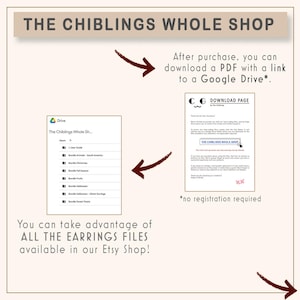 May include: An advertisement for The Chiblings Whole Shop, showing a PDF download page and a Google Drive link. The text highlights the availability of earring files in the Etsy shop.