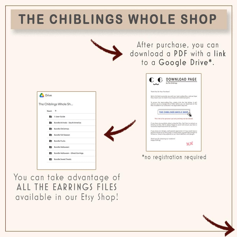 May include: An advertisement for The Chiblings Whole Shop, showing a PDF download page and a Google Drive link. The text highlights the availability of earring files in the Etsy shop.