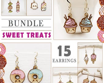 Food Earrings Bundle svg: Sweet Treats - Laser Cut Bundle Wood - 15 Cute & Funny Sweets, Candies, Snacks and Desserts Designs - Laser Cut