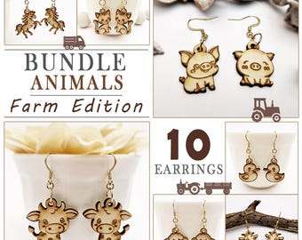 Farm Animals Wood Earring Bundle svg: 10 Original Cute Earrings Files - Cow, Rooster, Pig, Duck, Cat, Horse, Dog, Donkey, Goat, Sheep svg