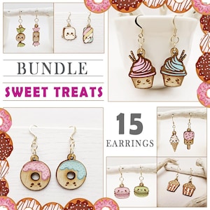 May include: A collection of 15 pairs of wooden earrings featuring sweet treat designs. The earrings include cupcakes, donuts, ice cream, and candy. The text "BUNDLE SWEET TREATS" and "15 EARRINGS" are also visible.