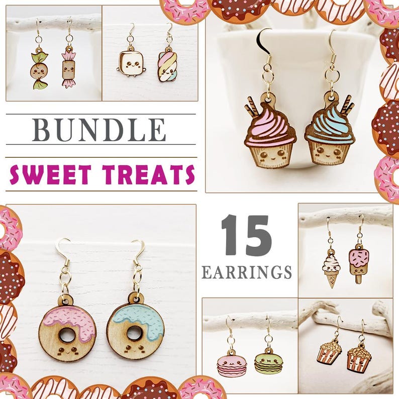 May include: A collection of 15 pairs of wooden earrings featuring sweet treat designs. The earrings include cupcakes, donuts, ice cream, and candy. The text "BUNDLE SWEET TREATS" and "15 EARRINGS" are also visible.