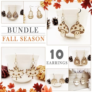 May include: A bundle of 10 wooden earrings with fall-themed designs. The earrings include leaf, pumpkin, mushroom, pinecone, hedgehog, and acorn shapes. The text "BUNDLE FALL SEASON" and "10 EARRINGS" are also displayed.