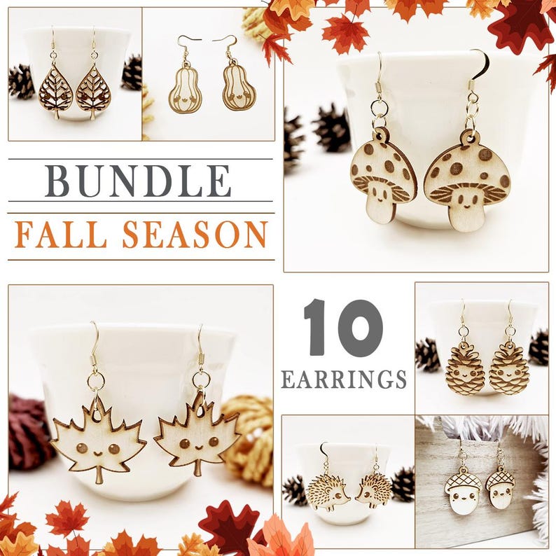 May include: A bundle of 10 wooden earrings with fall-themed designs. The earrings include leaf, pumpkin, mushroom, pinecone, hedgehog, and acorn shapes. The text "BUNDLE FALL SEASON" and "10 EARRINGS" are also displayed.
