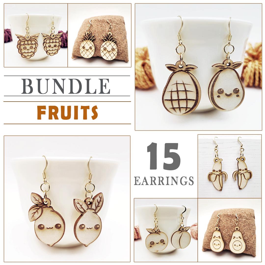 Bundle 15 Earrings Laser Cut File - Fruit Bundle - Food Bundle - Mega Bundle - Asymmetrical Earrings - Mismatched Earrings - svg, dxf, ai,..