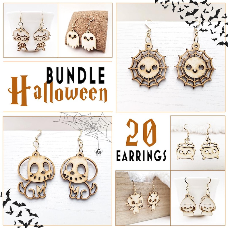 May include: A collection of 20 wooden Halloween earrings. Designs include ghosts, spiderwebs, smiling skulls, and cauldron characters. The word "BUNDLE" and "Halloween" are displayed in the center of the image.