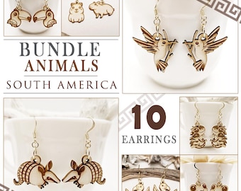 Laser Cut Bundle: 10 Original South American Animals Earrings svg Files - Hummingbird, Frog, Capybara, Llama, Anteater, Tapir, Armadillo,..
