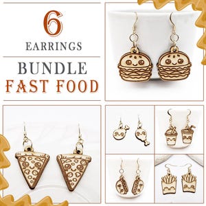 May include: A bundle of six pairs of wooden earrings with a fast food theme. The earrings include burger, pizza slice, fried chicken, soda, taco, and french fry designs. The text "6 EARRINGS BUNDLE FAST FOOD" is displayed.