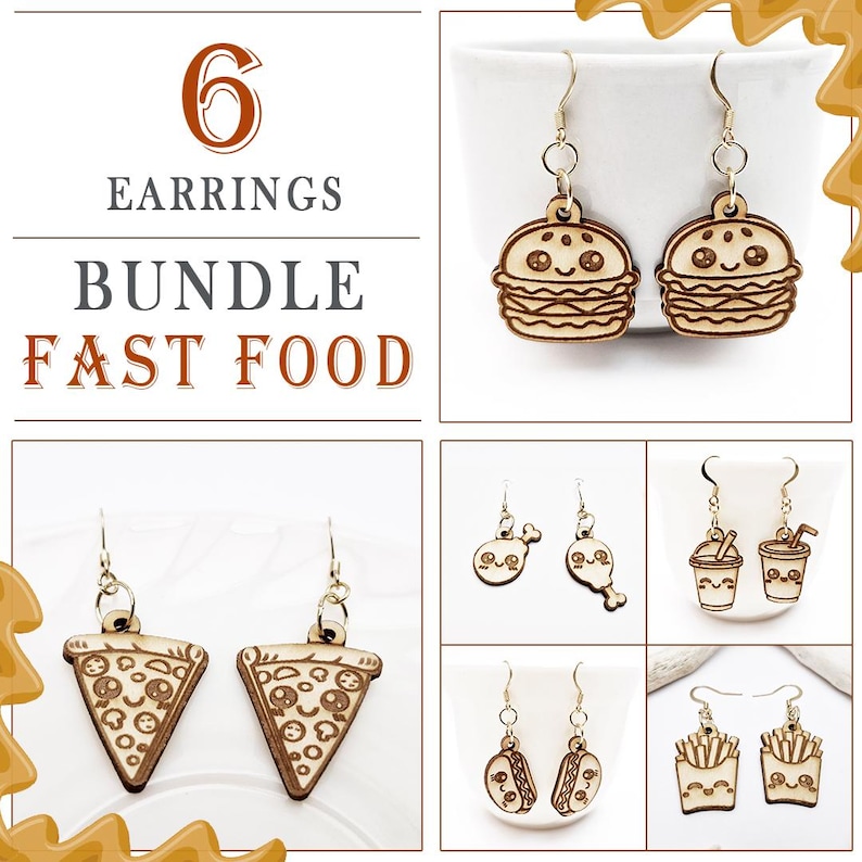 May include: A bundle of six pairs of wooden earrings with a fast food theme. The earrings include burger, pizza slice, fried chicken, soda, taco, and french fry designs. The text "6 EARRINGS BUNDLE FAST FOOD" is displayed.