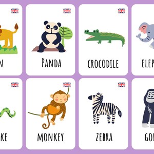 Peut inclure: Un ensemble de huit cartes mémoire illustrant des animaux colorés, dont un lion, un panda, un crocodile, un éléphant, un serpent, un singe, un zèbre et un gorille. Chaque carte porte le nom de l'animal imprimé sous l'image en anglais.