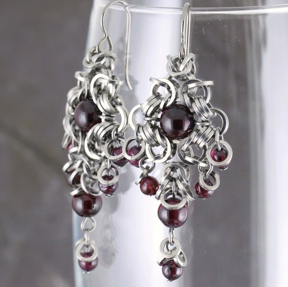 Items similar to Garnet chandelier earrings in square 316 stainless ...
