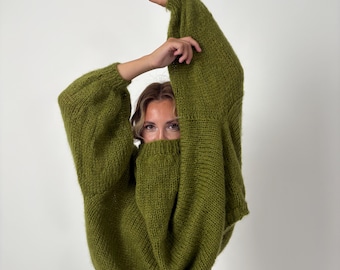 Handgemachter Grüner Mohair Pullover, Übergroßer Merino Strickpullover