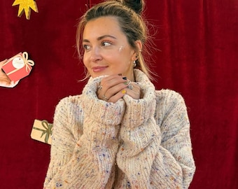 Handgestrickter Merino Wolle Kurzer Pullover: Übergroßer grobstrick Pullover