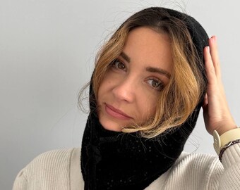 Wolle Pailletten Balaclava Haube, Handgefertigte Schwarz Strick Wintermütze mit Krawatten, Warmes Mode-Accessoire