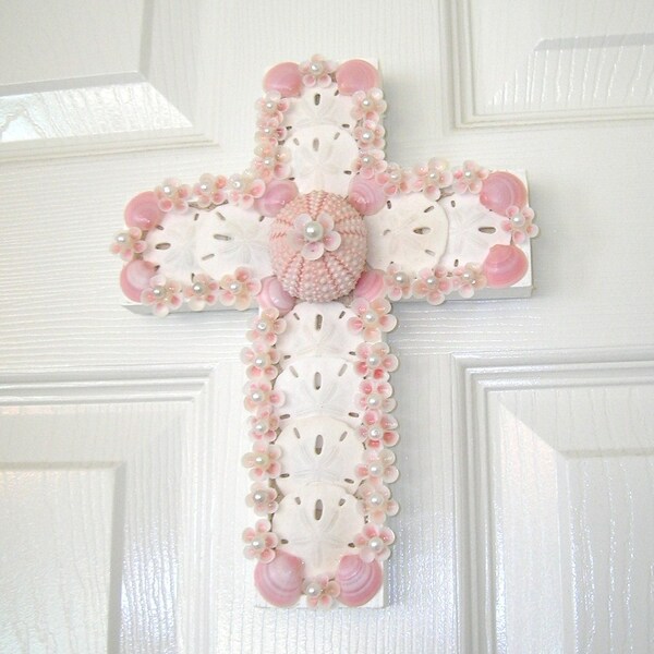 Easter Seashell Cross With Sand Dollars, Sea Urchin and All Natural Pink Shell Flowers