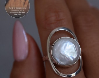 Large Pearl Ring, Bohemian Ring, Sterling Silver Chunky Ring, Elegant Statement Jewelry