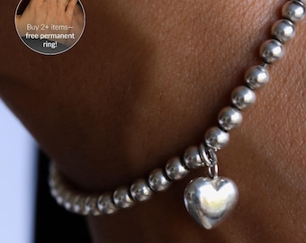 Chunky Bead Bracelet, Heart Locket Charm, Romantic Gift for Her