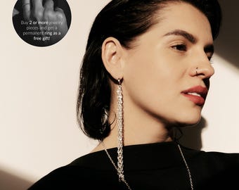 Mono Silver Waterfall Tassel Earring, Cascade Earring, Dainty Hoop Earrings
