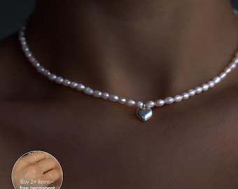 Small Pearl Necklace, Heart Locket, Silver Pendant Heart, Pearl Choker with Silver Heart