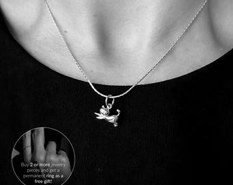 Kitty Pendant Necklace, Mini Cat Figurine, Lucky Cat Silver Locket