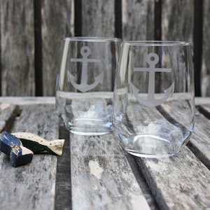 Anchor Wine Glass, Hand Etched, Nautical Home, Coastal Barware, Nautical Wedding, Housewarming Gift, Wedding Favor, Stemless Anchor Glass