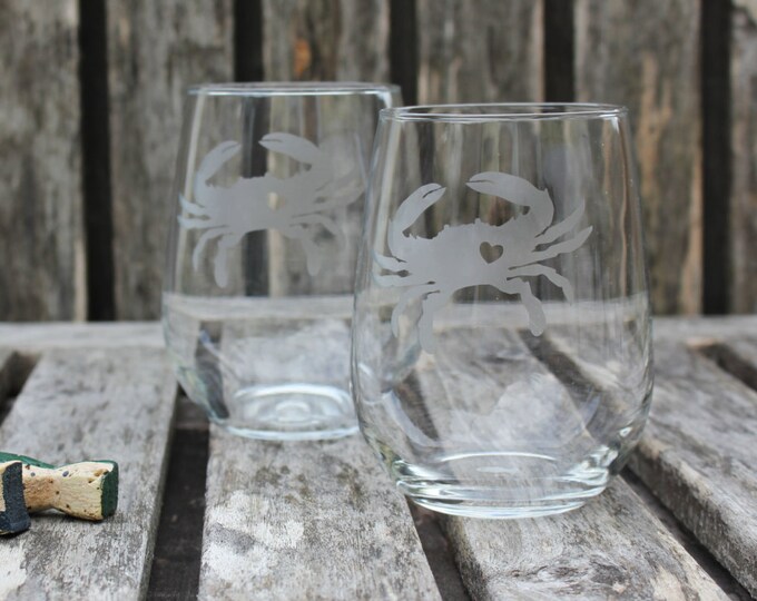 Maryland Blue Crab Etched Wine Glasses, Maryland Gift, Nautical Home