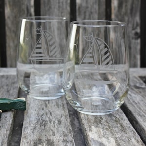 Sailboat Wine Glasses, Sailor&#39;s Gift, Nautical Home, Hand Etched Glass, Coastal Barware, Nautical Wedding, Housewarming Gift, SailBoat