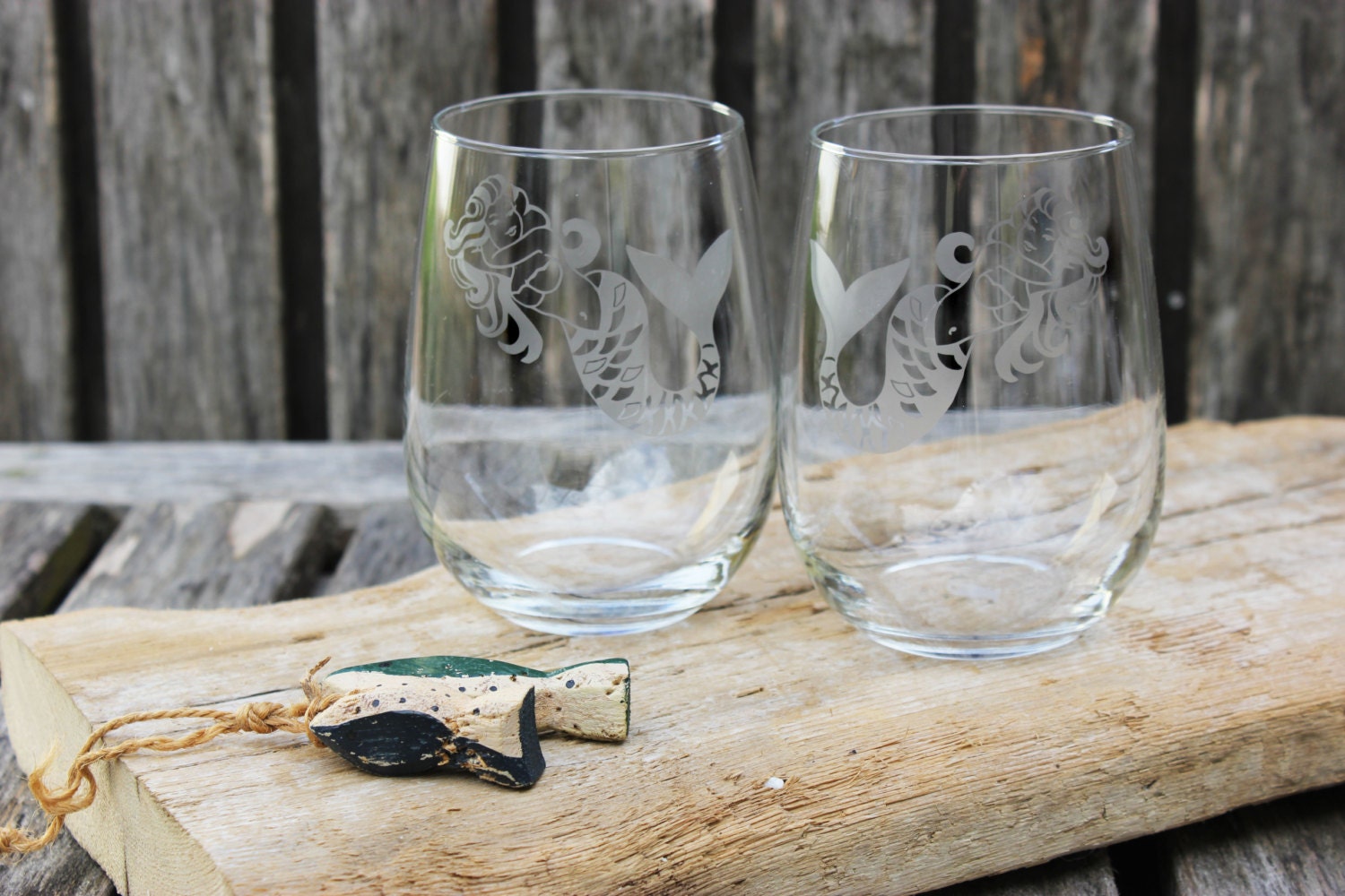 Mermaid Wine Glasses Hand Etched Mermaids Stemless Wine Etsy