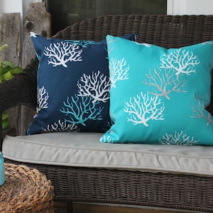 Coral Print, Sea Pillow, Coral Turquoise and Navy Outdoor Pillow, Coastal Theme, Beach House, Seahorse, Coastal Living, Outdoor Pillow