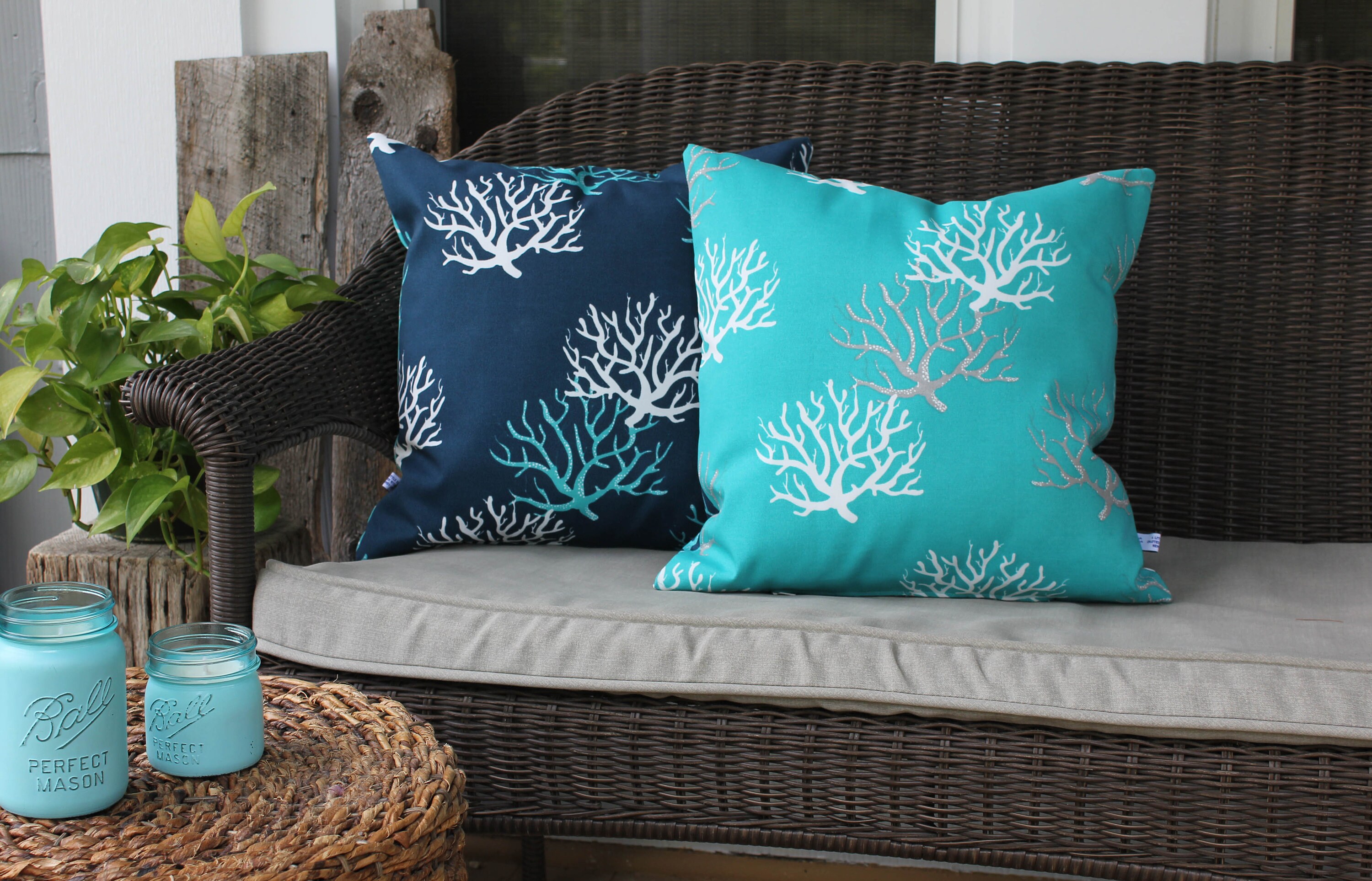 C Print Sea Pillow Turquoise And Navy Outdoor C Print Sea Pillow Turquoise, Coastal Theme Outdoor Pillows