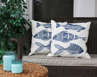 Fish, Blue Fish Pillow, Coastal Porch, Fish House, Outdoor Fish Decor