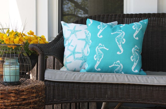 Sea Life Seahorse And Starfish, Coastal Theme Outdoor Pillows