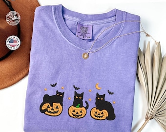 Camisa bordada de gato negro de Halloween, camisa de calabaza de otoño, regalo de Halloween, regalo para amantes de los gatos, camisa de gato, camiseta de colores cómodos, camisa de Halloween