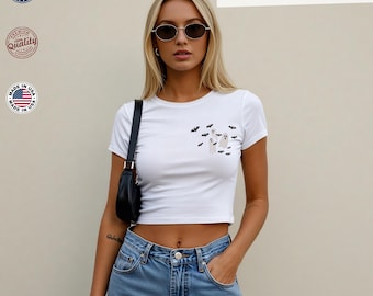 Camiseta bordada para bebé con fantasmas y murciélagos voladores: camiseta corta Y2K de Halloween, camiseta de murciélagos voladores, camiseta de fantasmas