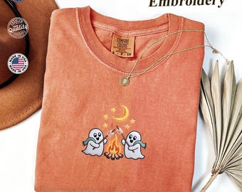 Cute Ghosts Camping Embroidered Comfort Colors Tee, Spooky Season Outdoors Gifts, Outdoor Fall CC Top, Halloween Vintage Embroidery Tshirt,