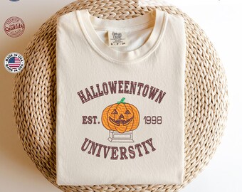 Halloweentown University Embroidered Comfort Colors Tee, Spooky Season Gifts, Outdoor Fall CC Top, Halloween Vintage Embroidery T-Shirt