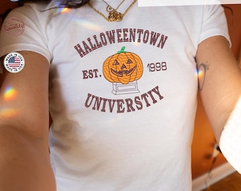 Halloweentown University Baby Tee – Custom Embroidered Y2K Crop Top – Minimalist Shirt – Embroidered Vintage Pumpkin T-Shirt, Spooky Season