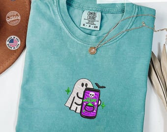 Comfort Colors® Embroidered Ghost Tee, Ghost with Energy Drink Tee, Spooky Season Halloween Tee, Cute Fall Ghost Top, Funny Halloween Gift