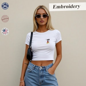 Funny Dab Mickey Embroidered Baby Tee – Y2K Crop Top Matching Disney Shirt, Embroidered T-Shirt, Vacation Gift Idea for Disney Lovers