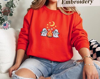 Cute Ghosts Camping Embroidered Sweatshirt, Spooky Season Outdoors Gifts, Halloween Vintage Embroidery Hoodie, Cozy Spooky Season Aesthetic