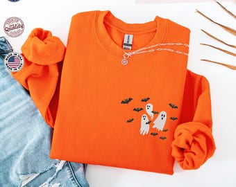 Sudadera bordada con fantasmas y murciélagos voladores: sudadera de Halloween espeluznante, sudadera con capucha de murciélagos voladores, sudadera de fantasmas