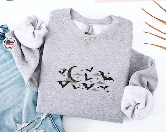 Sudadera con capucha con diseño de luna creciente y murciélagos bordados, sudadera de otoño, temporada acogedora